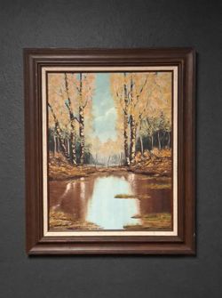 Vintage Signed Original Oil Painting – Birch Trees & Pond Autumn Landscape, Framed 38x35