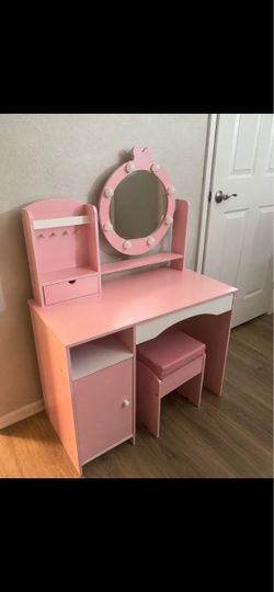Pink Kids Vanity Desk with Mirror and Stool