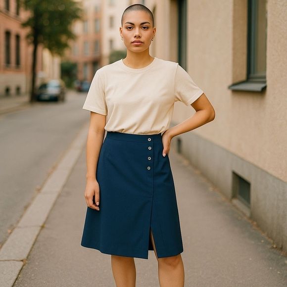 VINTAGE Navy highwaist straight Skirt with Front slit Waist 14.5&quot; Fits M 