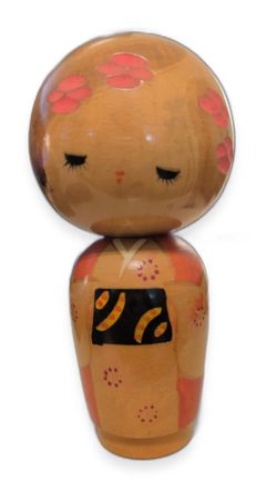 Vintage Japanese Kokeshi Doll, Round Head with Pink Flowers, Probable Miyashita Hajime