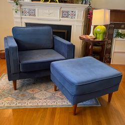 Albany Park Blue Velvet Accent Chair & Ottoman Set