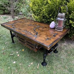 Electric Fractal Burn Industrial Rustic Custom Handmade Coffee Table