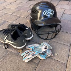 Nike Softball Cleats, Rawlings Batting Helmet With Gloves 
