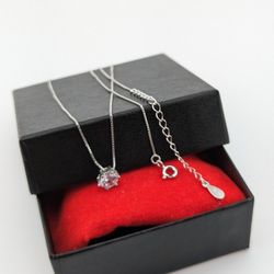 16-19"- 925 Silver Bright Single Six Prong Cubic Zirconia Pendant with adjustable Box Link Necklace 