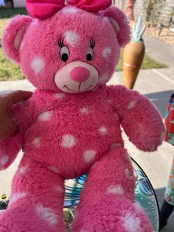 Build-A-Bear Workshop Disney Minnie Mouse plush bear featuring a pink body with white polka dots
