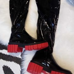 Black Patent Leather, Red Bottom, And Heel knee boots