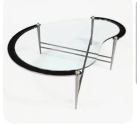 Set of 2 coffee table and side table - kidney-shaped glass top supported by a chrome and brass X-bas