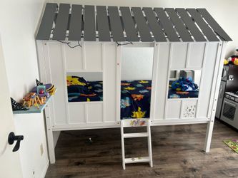 White Twin Wood Loft Bed with Roof and Two Front Windows