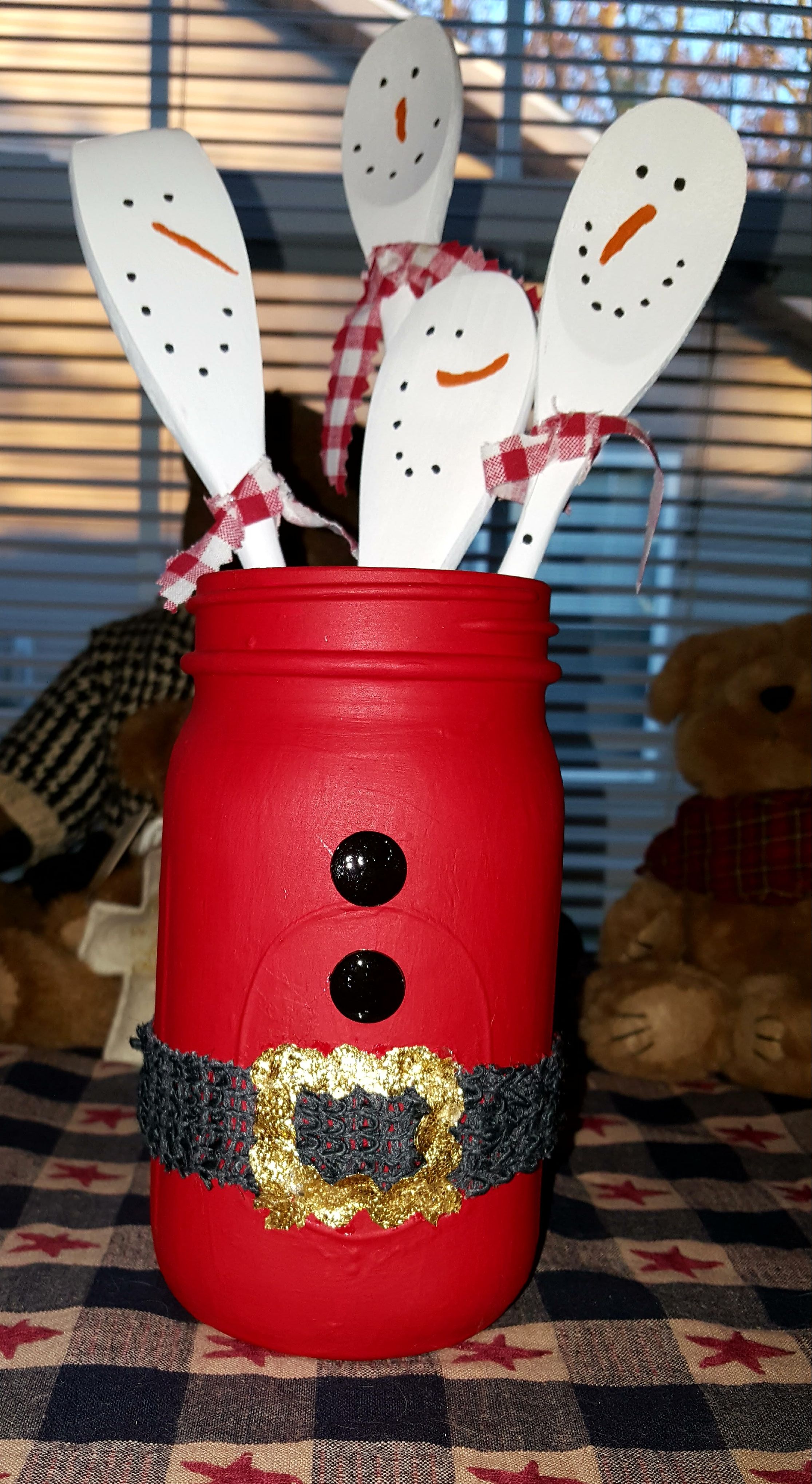 Handmade xmas santa jar with snowman painted spoons