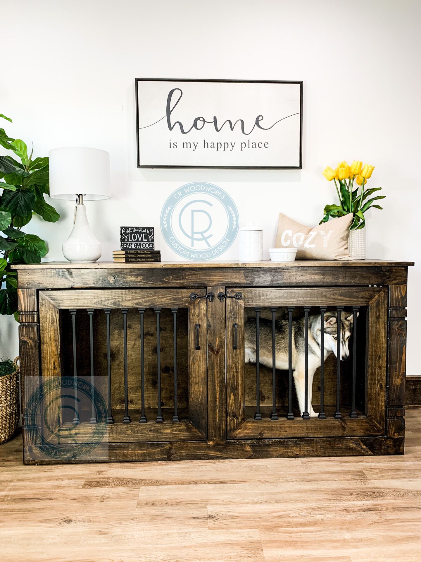 Custom built dog kennel Crate House Cage Bench Barn Door Farmhouse Modern Rustic Toy Puppy Accessories Tv Stand Console