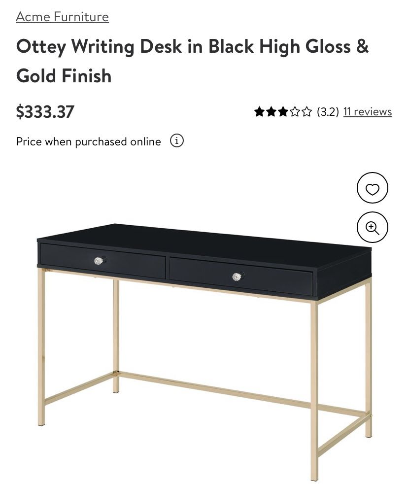 Ottey Writing Desk in Black High Gloss & Gold Finish
