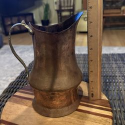 Rustic Farmhouse Vintage Hammered Solid Copper Pitcher With Brass Handle 