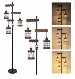 Floor Lamp with Wooden Lampshade, Dimmable Floor Lamps for Living Room, Industrial Standing Lamp Black Corner Light, Rustic Tall Lamp for Bedroom Offi