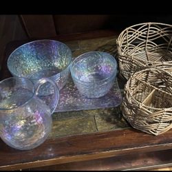 Iredescent Strong Plasticware Set & Woven Baskets. Read Description 