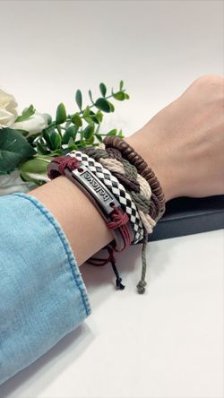 Adjustable Size up to 9.5inc Braided Multi-layer Leather Bracelet (Set of 4), Believe
