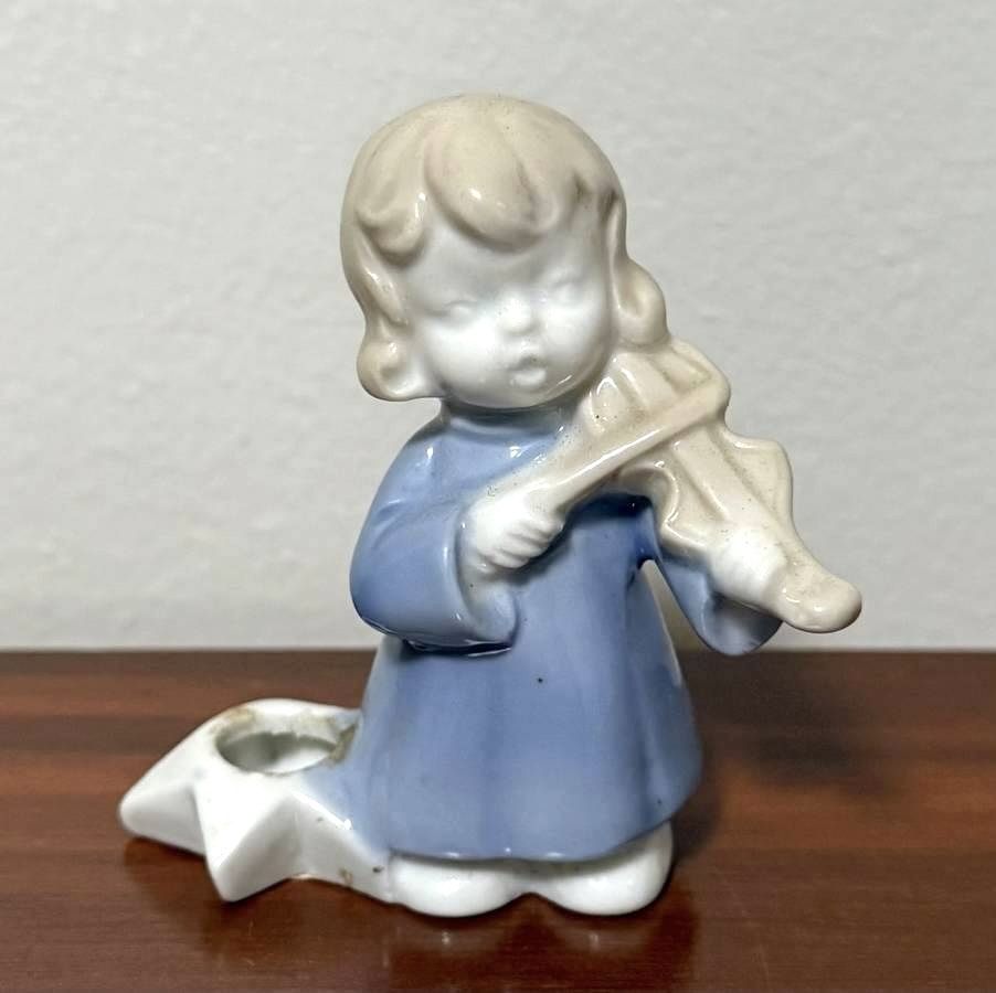 Vintage Christmas Decor Colonial Candle Holder Angel Star And Violin Figurine Made In Japan