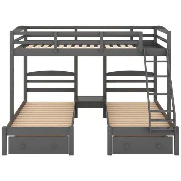 Full-Over-Double-Twin Grey Wooden Triple Bunk Bed

