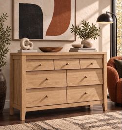 7 Drawer Oak Farmhouse Dresser 47" Chest Storage Organizer TV Stand for Bedroom.