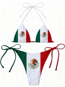 Features Bid History Mexico Flag Women Micro Sexy Bikini Bra Set Summer Beachwear Sexy Beach Two Pieces Bathing Suits Swimwear Blue
