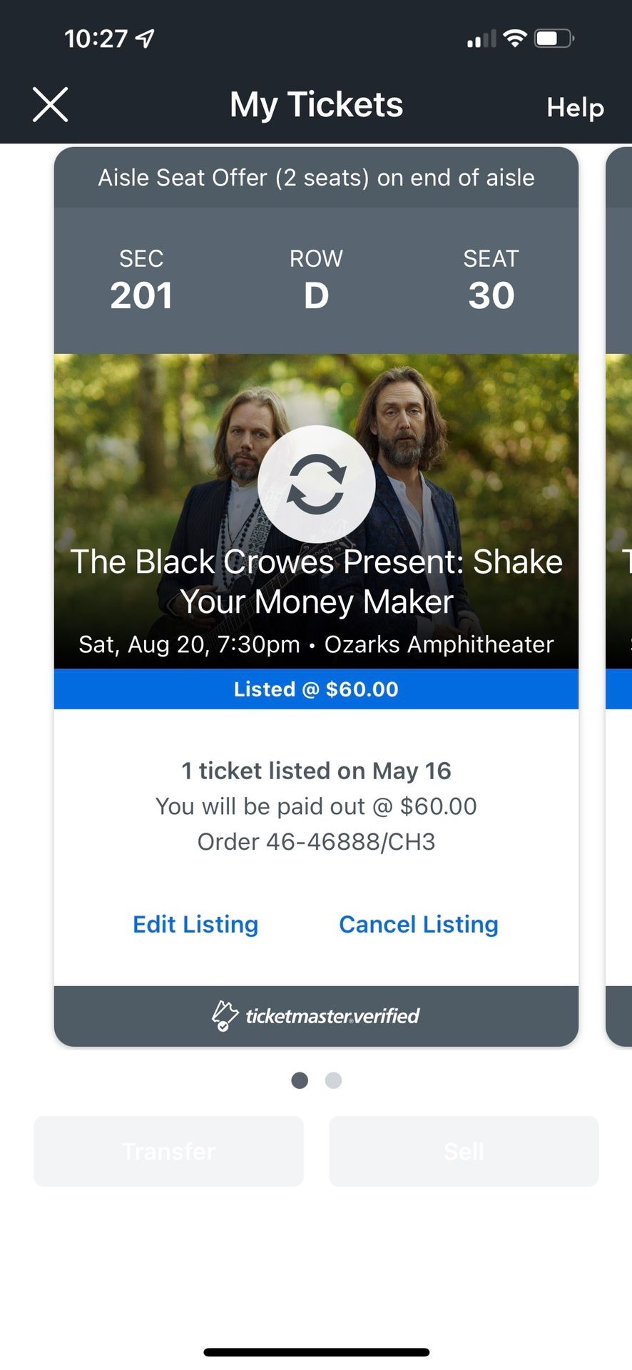 Black Crowes Tix, Saturday Aug 20, Ozark Ampitheater