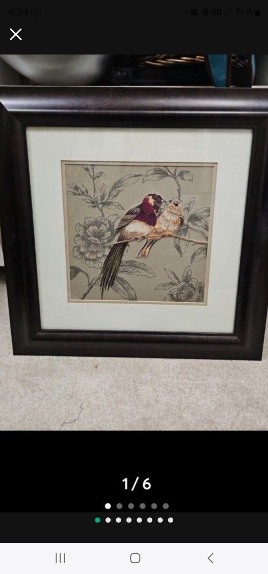 Set Of 2 Framed 23x 23 "Embroidery Silk Bird Wall Art Like New No Defects 