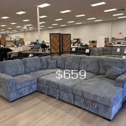 XL Sectional Sofa With Pullout Bed & Storage Dark Gray Corduroy New