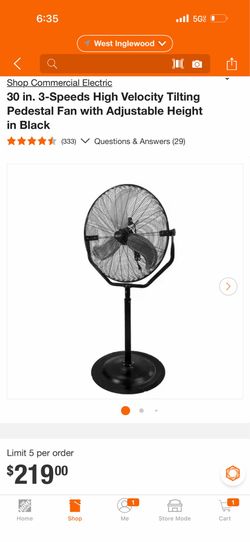 Commercial Electric 30 in. 3-Speeds High Velocity Tilting Pedestal Fan with Adjustable Height in Black