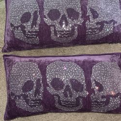 Halloween Decoration Skull Pillows Bling Purple 23” X 10” 