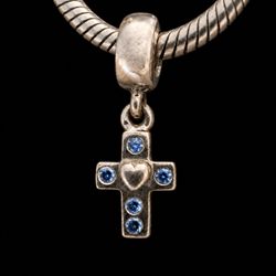 PANDORA #790355CZB Retired 925 Sterling Silver Cross Dangle Blue CZ Charm