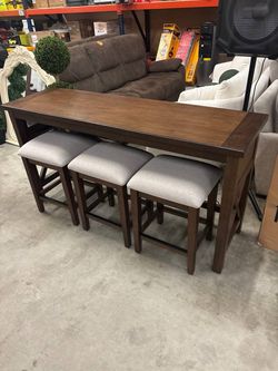 Lathan Sofa Table and 3 Stools Retail $399, our price $299 Brand new, assembled  There is a scratch on the back wall (not noticeable)