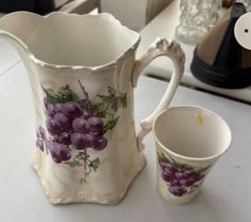 Vintage wellsville semi-Vintage Porcelain Pitcher and cup with Grapes