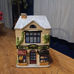 Ceramic Cookie Jar Hand Painted To Look Like A Bakery Cottage