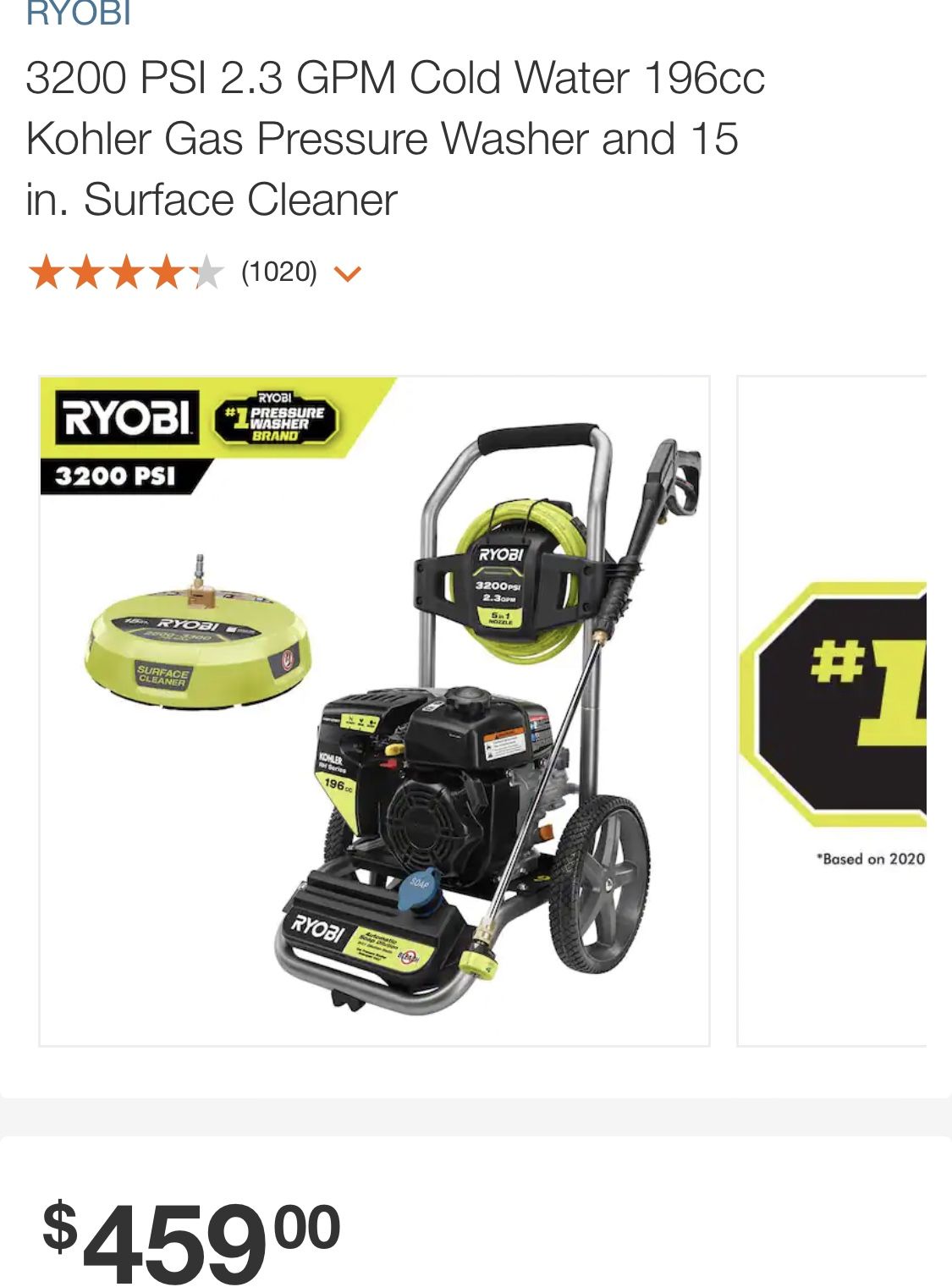 RYOBI 3200 PSI 2.3 GPM Cold Water 196cc Kohler Gas Pressure Washer and 15 in. Surface Cleaner