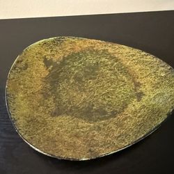 Pier 1 One Pillar Candle Holder Metal Plate Brown Green Oval 8” Trinket Dish 