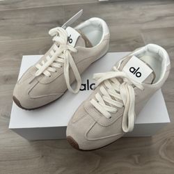ALO Yoga Women's Beige Suede Sneakers with White Laces