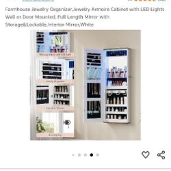 Farmhouse Jewelry Organizer Mirror Led Jewelry Armoire Cabinet Wall Or Door Hanging