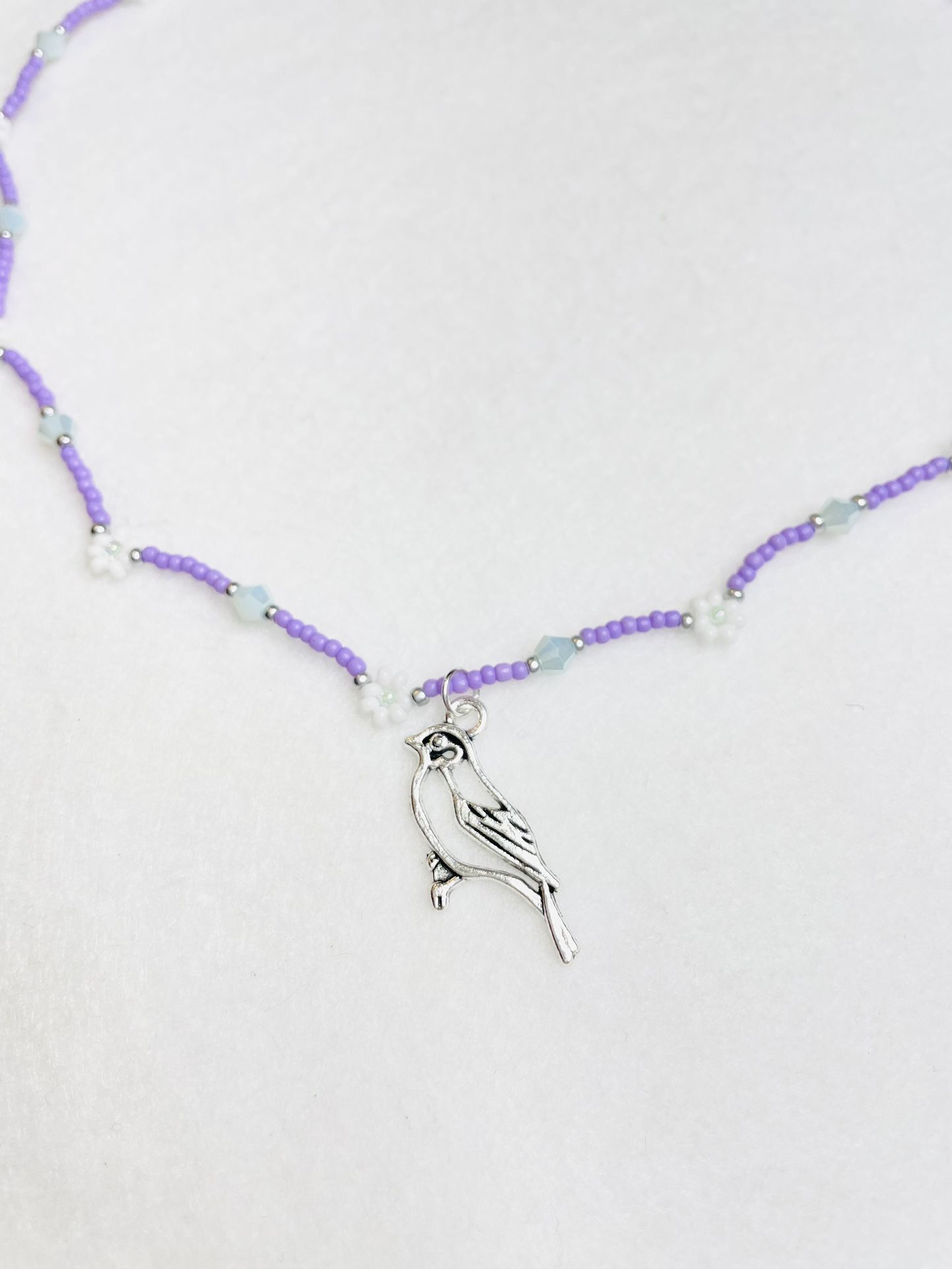 Choker Necklace Bird Pendant Purple White Daisy Silver Accents 16-18”