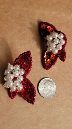 Vintage Handcrafted Red Sequin & Pearl Floral Earrings - Women Jewelry