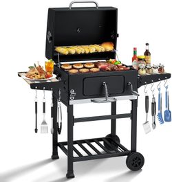 MELLCOM Small Charcoal Grill with Wood Foldable Side Table