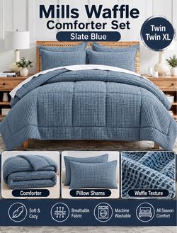 Mills Waffle Comforter Set Slate Blue Twin/Twin XL