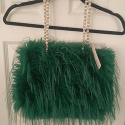 Green Furry Handbag with Pearl Strap