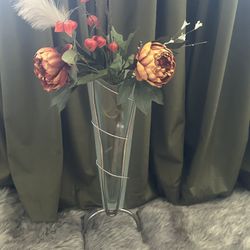 Vintage MCM Iron & Scalloped Glass Floor Vase