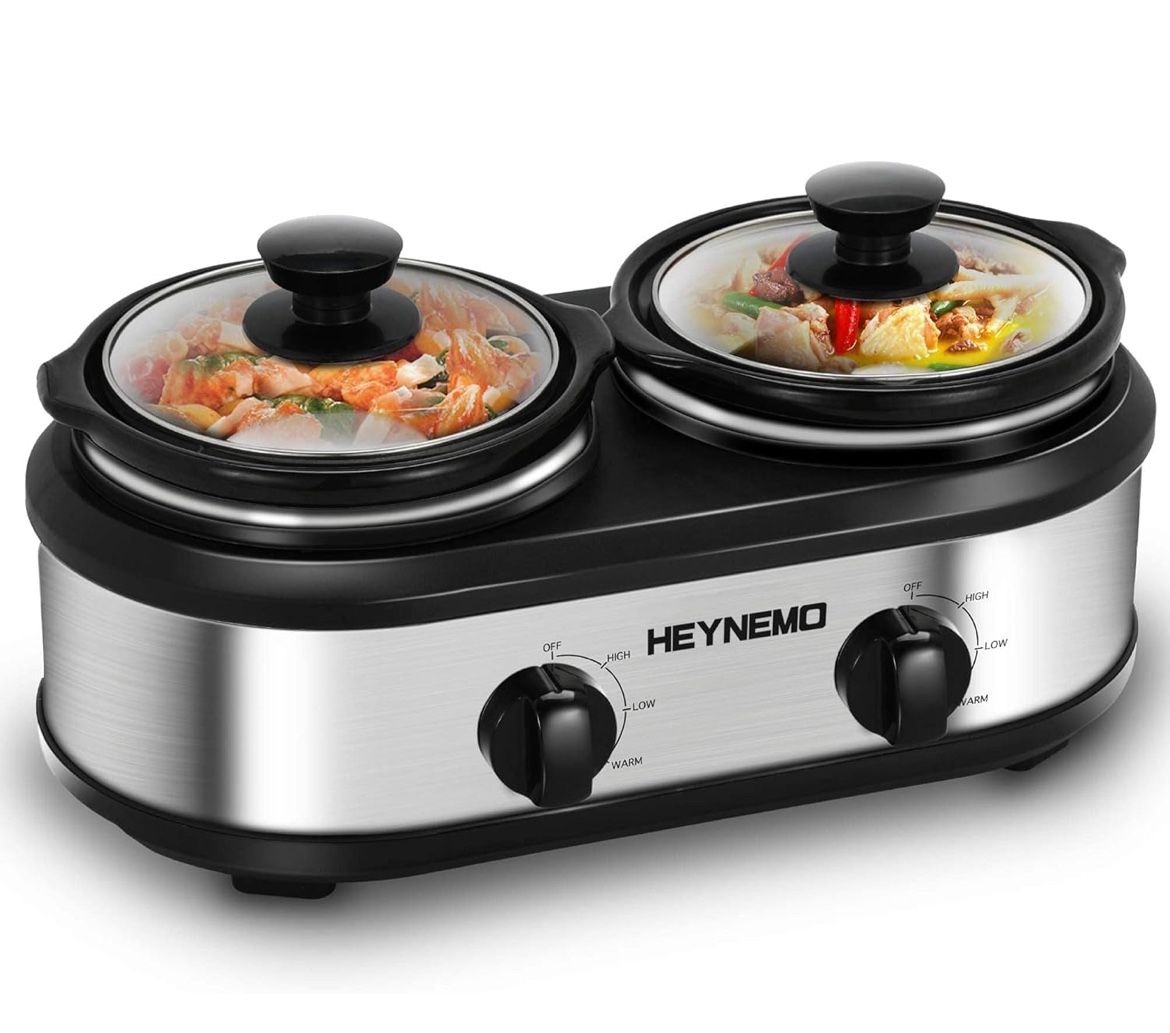 Double Slow Cooker, Buffet Servers and Warmers, Dual 2 Pot Slow Cooker Food Warmer, Adjustable Temp Dishwasher Safe Removable Ceramic Pot Glass Lid, 2