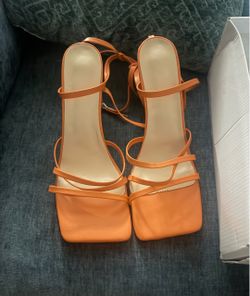 Orange Strappy Square-Toe Heeled Sandals