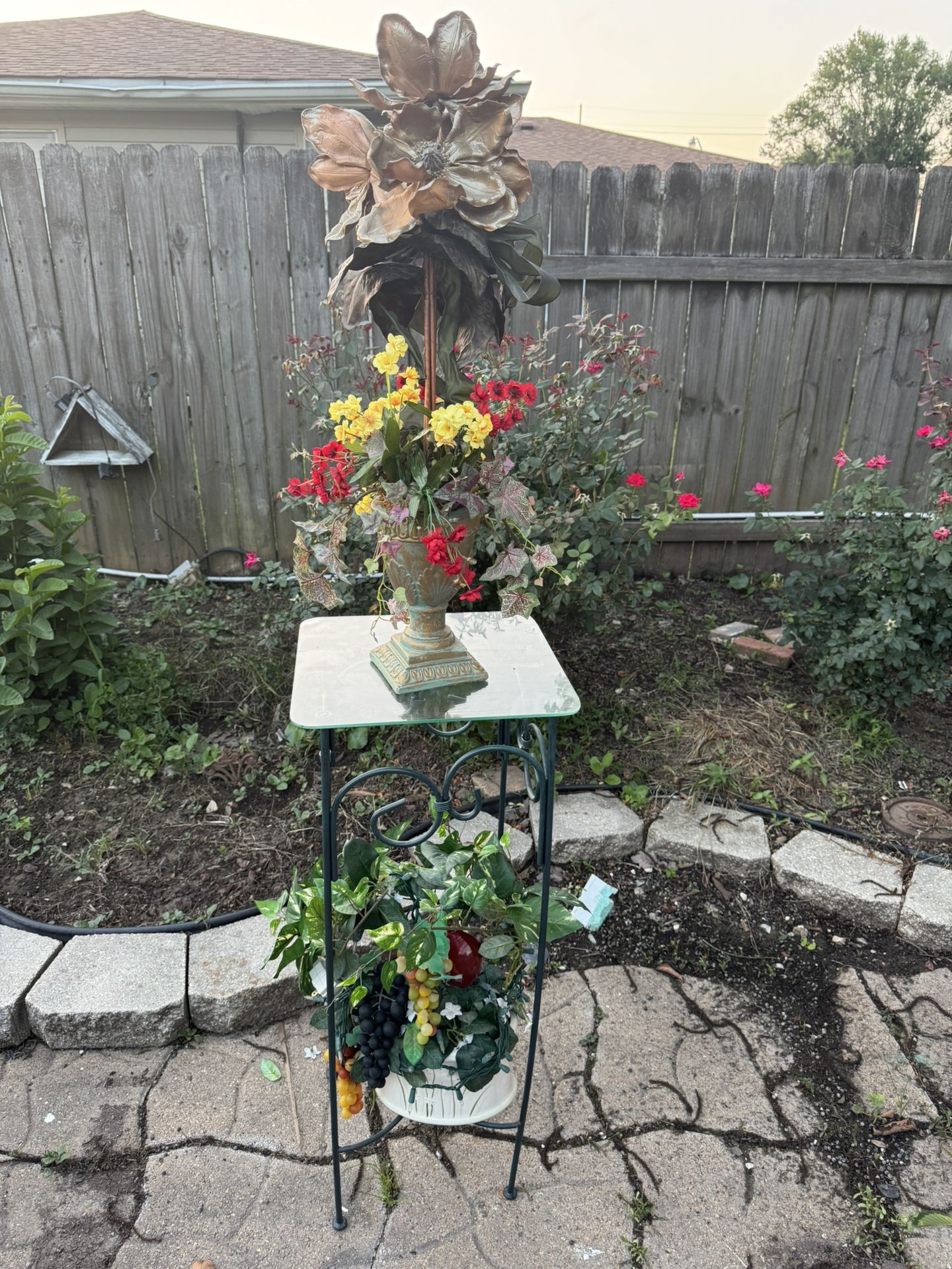 Metal and glass high table, the artificial plants and vase ARE INCLUDED