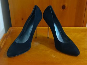 STUART WEITZMAN Black Suede Stiletto Gold Heels Pumps Leopard Pony Hair USA 9 W