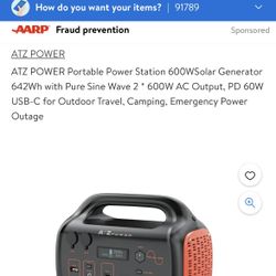 ATZ POWER Portable Power Station 600WSolar Generator 642Wh with Pure Sine Wave 2 * 600W AC Output, PD 60W USB-C for Outdoor Travel, Camping, Emergency