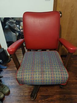 Fun Vintage Red Leather Executive Chair w/ Striped Cloth Seat