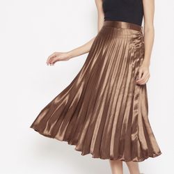 Women brown satin pleated midi skirt