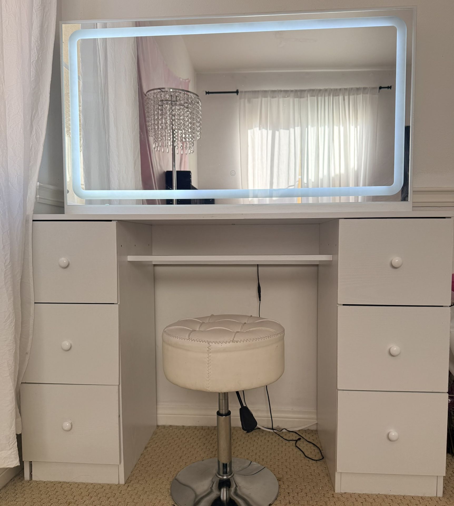 Vanity With Mirror, 3 Shades Of LED Light And Chair Stool